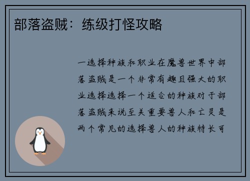 部落盗贼：练级打怪攻略
